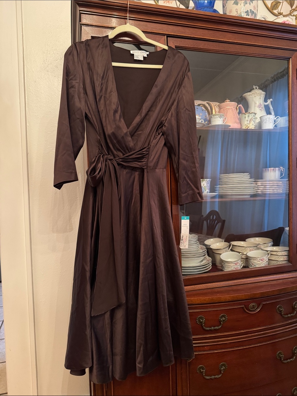 Maggy London Brown Wrap Midi Dress with Tie Waist